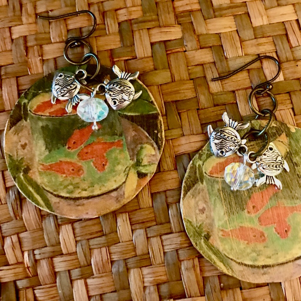 Dangling Fish Handmade Novelty Upcycled Earrings Antiqued Gold Painted Paper 12$